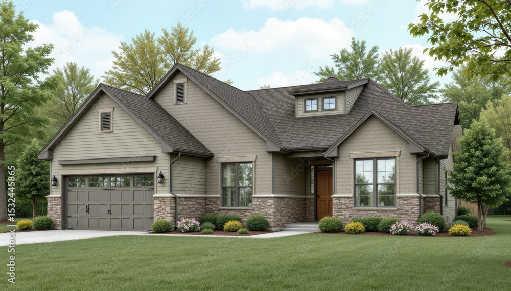 Obraz premium Modern Family Home with Charming Exterior and Lush Garden Surrounded by Greenery