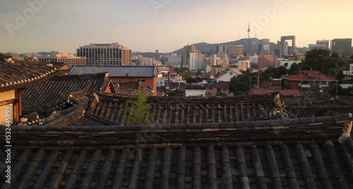 Canvas Print The city beyond the traditional house roof