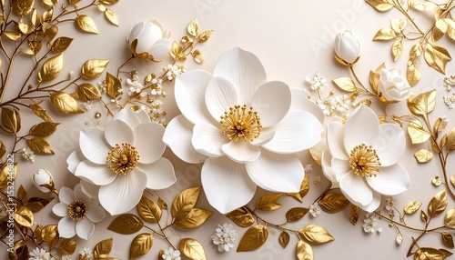 White flowers with golden leaves on white background