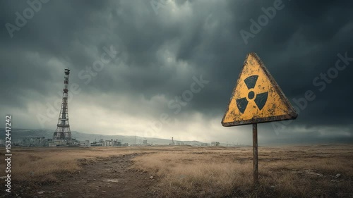 Abandoned Nuclear Power Plant with Radiation Warning Sign Under a Stormy Sky, Depicting Environmental Disaster and Post-Apocalyptic Landscape