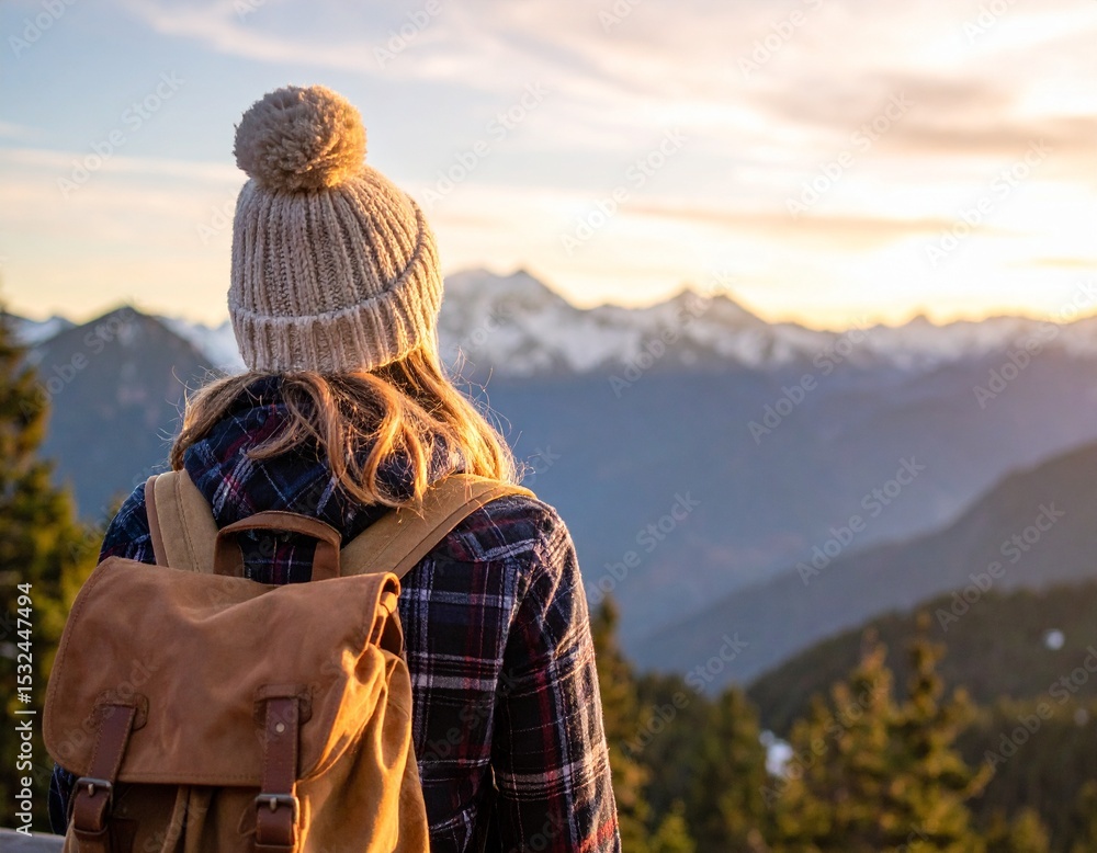 Fototapeta premium Woman with backpack standing at a mountain viewpoint, sunrise in the background, wear flannel and a beanie, solo travel concept