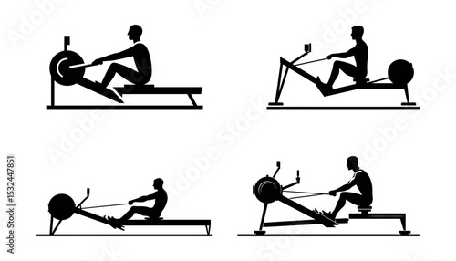 Rowing Machine Workout Icon Set Fitness Training Exercise Silhouettes