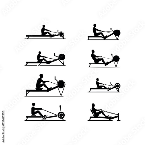 Rowing Machine Workout Icon Set Fitness Training Exercise Silhouettes