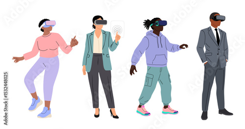Set of diverse people in virtual reality headset. Different Men and women wearing digital glasses travel in metaverse. Modern technologies. Flat Vector illustrations isolated