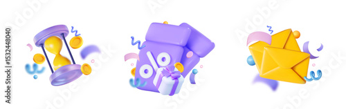 3D vector icons for email marketing with envelope, hourglass and gift box surrounded by confetti and coins. Festive symbols of newsletter, subscription, cashback, coupon, notification and promotion.