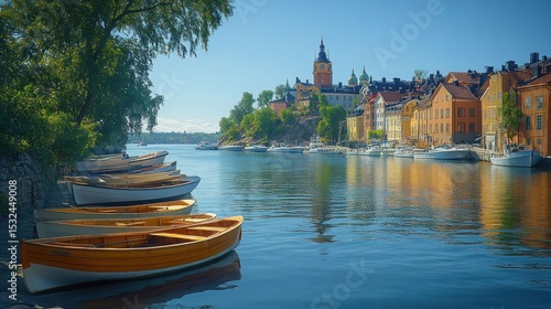 Picturesque Stockholm Waterfront: Boats and Colorful Buildings