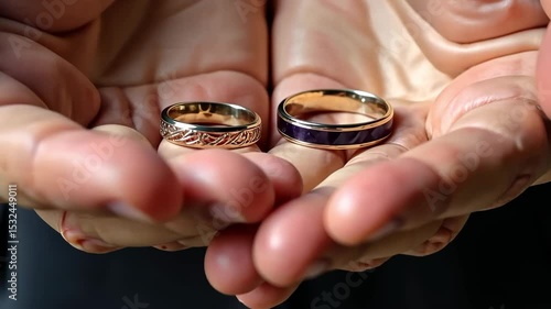 Man holding wedding rings in hand, close-up of groom at wedding. AI Generative