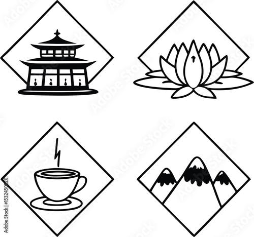 Himalayan Tea House Art Silhouette Vector ,mountain icons set, alpine, highland, woodland, skyline, clouds, holiday, escape