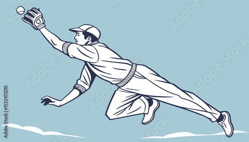 Full length of player diving to catch cricket ball against blue sky 