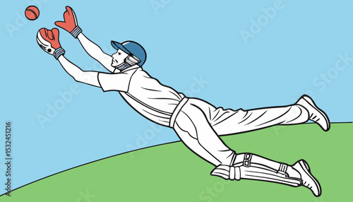 Full length of player diving to catch cricket ball against blue sky 