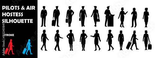 Pilots and Air Hostess Silhouette Vector Set – Aviation Crew and Flight Staff Scenes