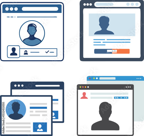 Online profile pages user interface design website design elements web design, Illustration of various online profile page designs showing user interface elements