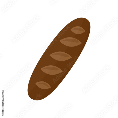 Сlassic dark rye baguette, isolated on a white background. Fresh, crusty brown loaf. Ideal for use in menus, packaging and culinary design. Vector illustration.