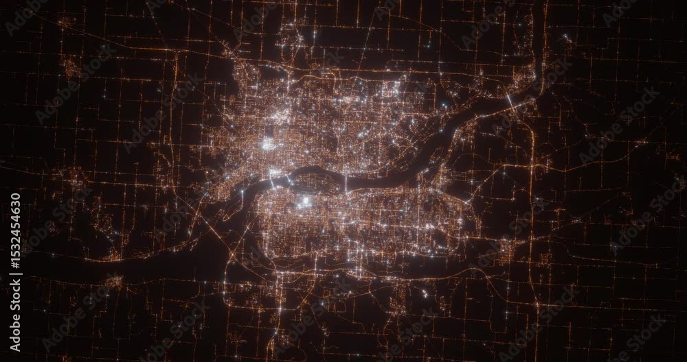 Davenport (Iowa, USA) aerial view at night. Top view on city from space. Camera is zooming in, rotating clockwise Davenport (Iowa, USA) aerial view at night. Top view on city from space. Camera is zooming in, rotating clockwise