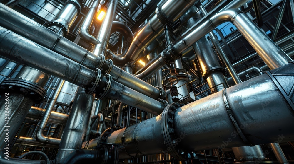 A chaotic web of crisscrossing steel pipes inside a modern factory. A chaotic web of crisscrossing steel pipes inside a modern factory.