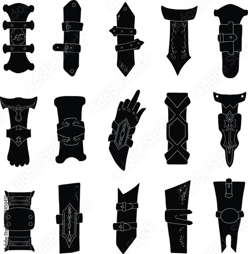 Bold black vector illustrations of diverse armbands and wristbands, perfect for fashion, tribal, fantasy, and protective gear graphic design projects.