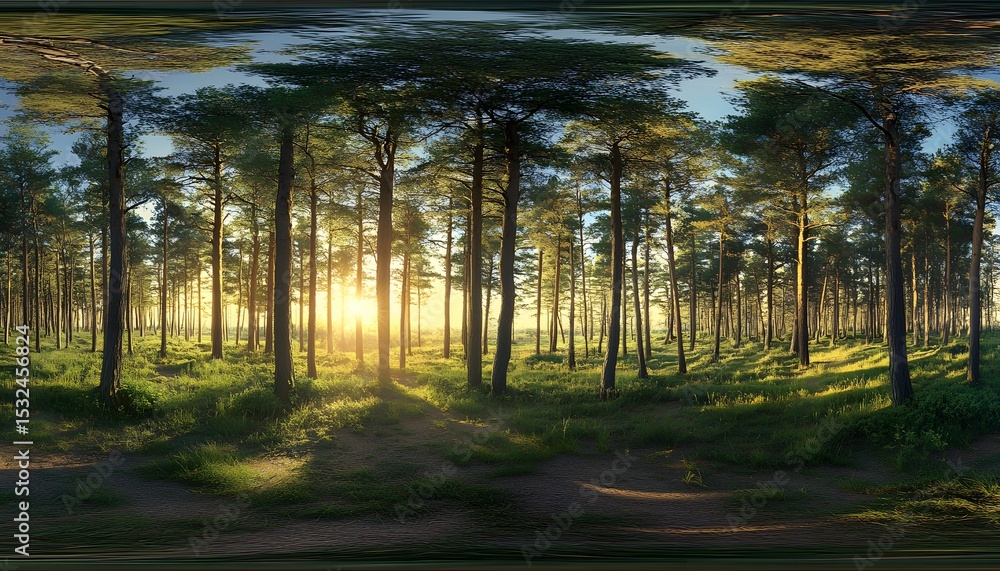 Obraz premium Sunlight streams through a dense pine forest.
