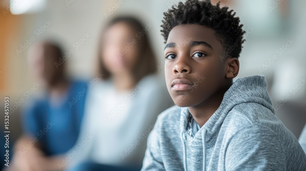 A boy with curly hair looks at the camera, parents blurred behind him. It shows family support, youth, and is great for diverse demographics. A boy with curly hair looks at the camera, parents blurred behind him. It shows family support, youth, and is great for diverse demographics.