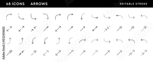 Arrow top right ant curved direction icon set. Interface arrows, direction, navigate, top right, right curved, downward and more. Editable stroke. Pixel perfect. Grid base 32 x 32.