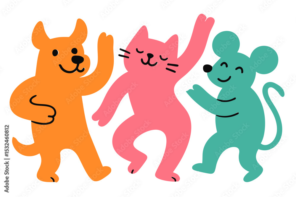Obraz premium Birthday Party Dancing Animal Friends Dog, Cat and Mouse