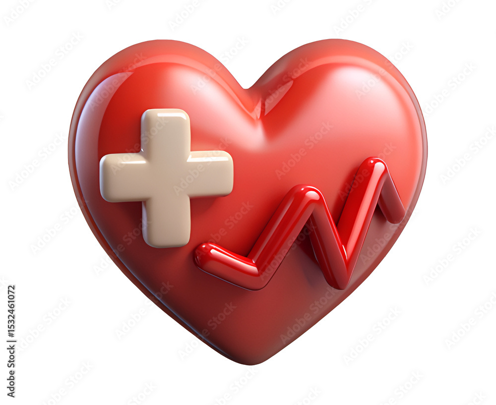 Obraz premium 3d render illustration of isolated transparent heart with medical sign and heartbeat waveform icon