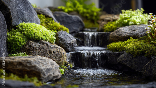 A close-up of an artificial pond with rocks and moss, featuring small waterfalls and plants