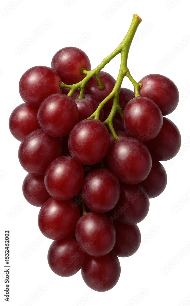 A bunch of fresh red grapes with glossy skins and green stems. A bunch of fresh red grapes with glossy skins and green stems.