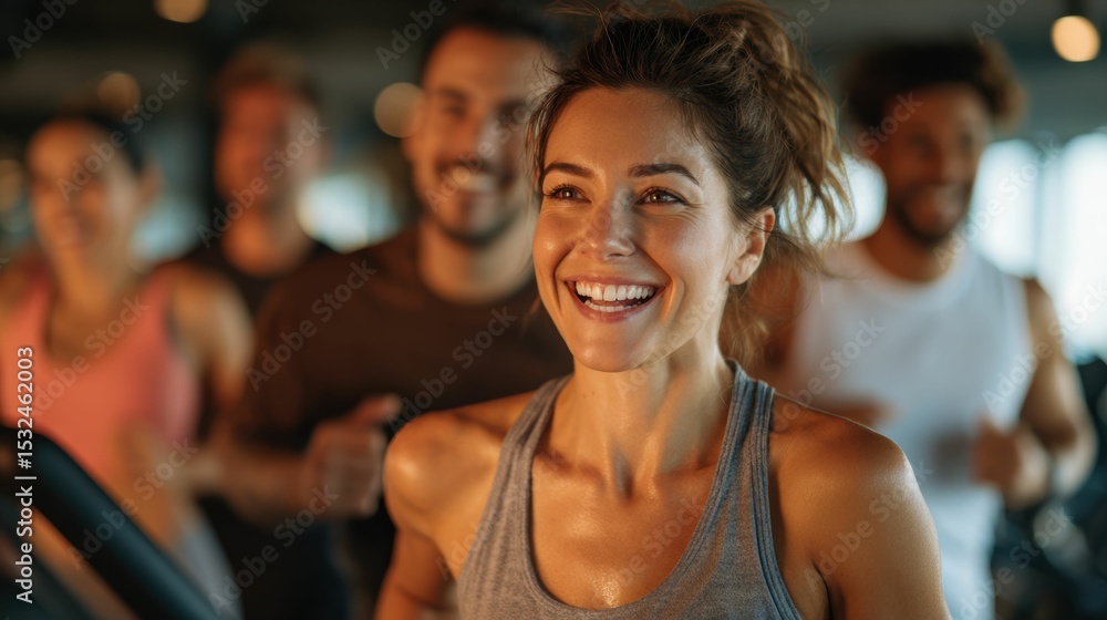 Obraz premium A woman with a radiant smile joins others in a dynamic gym workout on treadmills, showcasing the enjoyment and energy that come with staying fit.