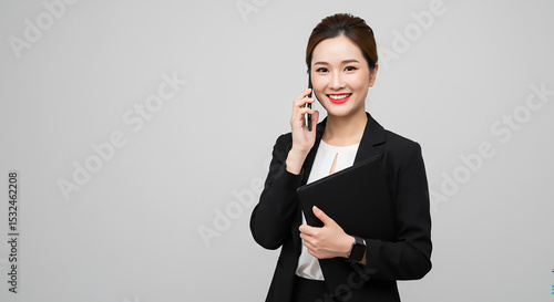 Professional Woman on a Phone Call with a Folder. A Confident Portrait Against a Light Gray Background. A Businesswoman with a Bright Smile and Red Lipstick. A Centered Composition 