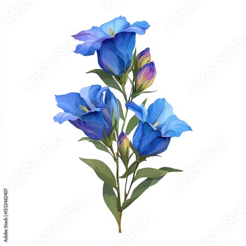 Blue Flowers with Buds on White Background