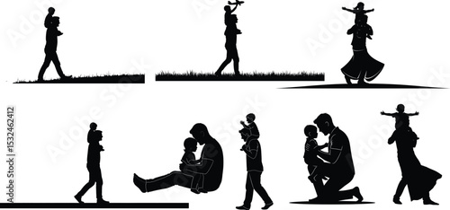 Father and Child Bonding Silhouettes Vector Set - Diverse Poses, Father and Child Interactions,fathers day silhouette bundle
