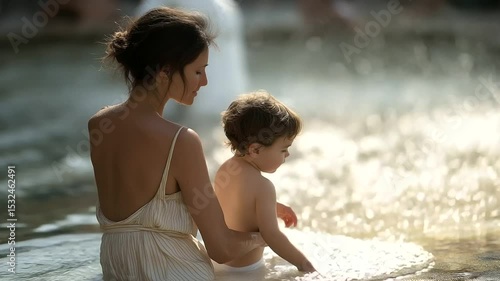 A mother watches her child play in a sunlit fountain