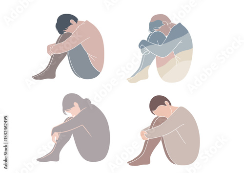 Person curled up in a minimal silhouette pose, expressing emotion in soft neutral colors
