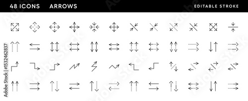 Arrow icon set. Interface arrow icons, compare, navigate, double arrow, different direction, expand, collapse and more. Editable stroke. Pixel Perfect. Grid base 32 x 32.