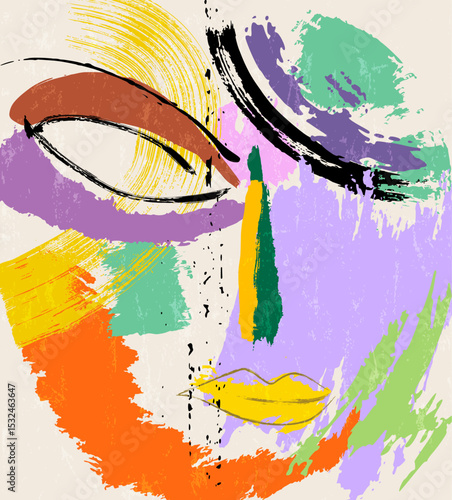abstract colorful background, illustration with lines, waves, circles, paint strokes and splashes, face or mask