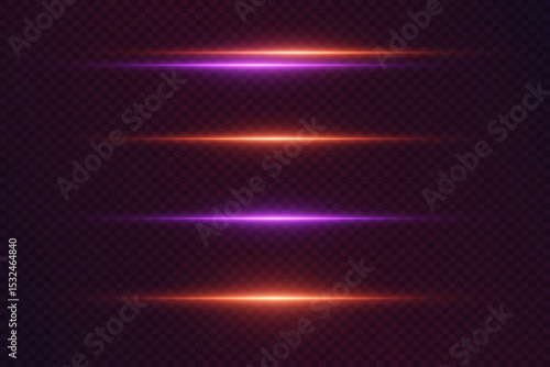 Set of neon glowing laser light lines.