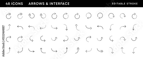 Outline circular and curved arrow icon set. Direction, navigation, downward, reload, clockwise, turn down, turn left, upward and more. Editable stroke. Pixel Perfect. Grid base 32 x 32.