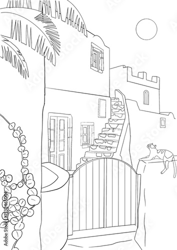 Line art illustration of a traditional Greek village with stone steps, a cat, and Mediterranean architecture. For coloring pages or travel-themed designs