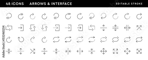 Arrow icon collection. Circular arrows, compare, rotate, refresh, reload, separate, move, loop, expand and more. Editable stroke. Pixel Perfect. Grid base 32 x 32.