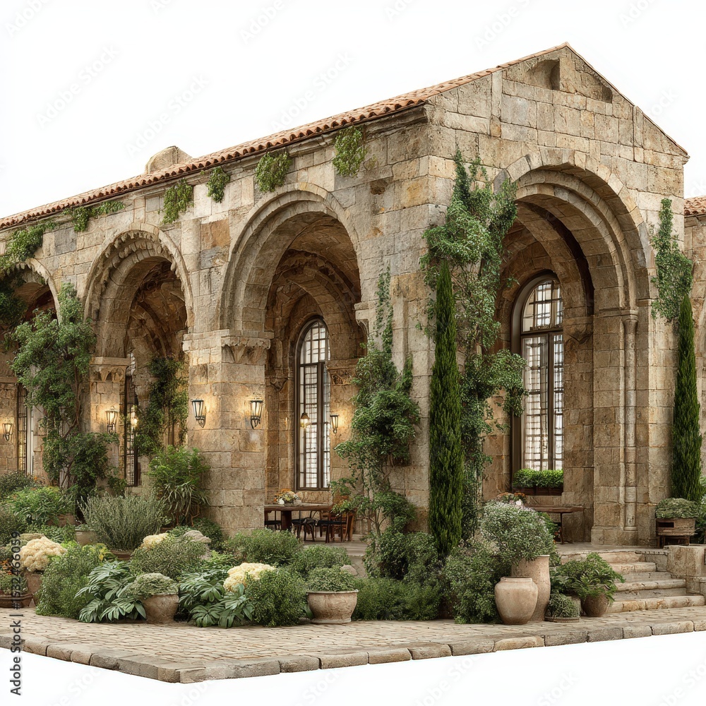Fototapeta premium Arched Stone Building with Lush Garden and Terrace