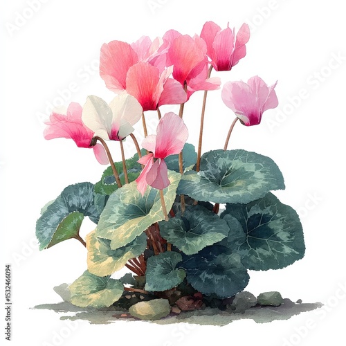Watercolor Painting of Pink and White Cyclamen Flowers on White