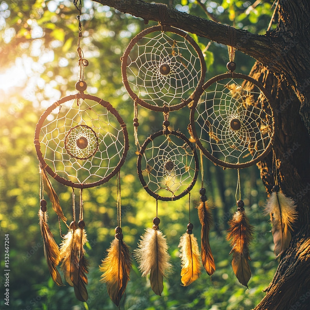 Obraz premium dream catchers hanging on tree outdoor, natural sunny background. ethnic Shaman native amulet, symbol protection of dreams. beautiful magic talisman, witchcraft ritual for soul relax