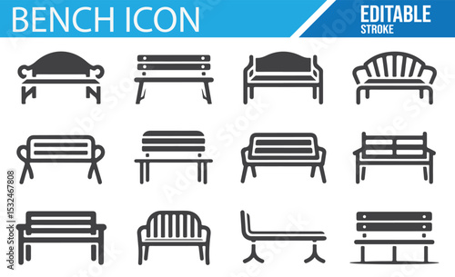 Bench vector icons for furniture design, landscaping, and public area planning