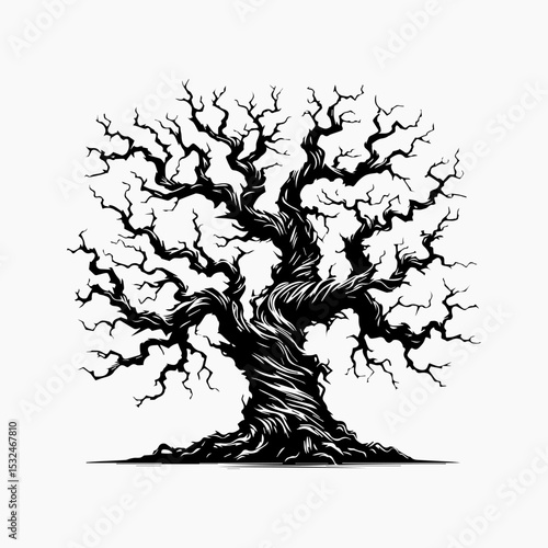 Ancient twisted tree silhouette logo with intricate network of barren branches and exposed roots in black and white