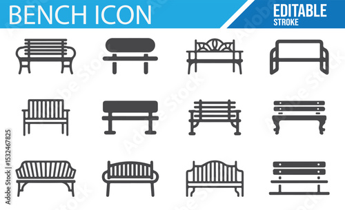 Set of modern and traditional bench icons for garden and park projects