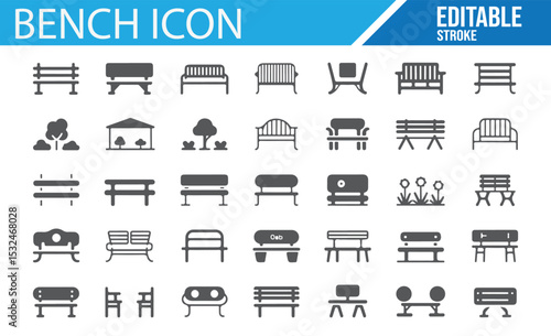 Icons of outdoor furniture benches, ideal for public spaces, parks, and gardens