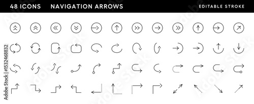 Arrow icon set. Direction arrow icon collection. Import, change, send right, swipe left, swipe down, clockwise, turn right and more. Editable stroke. Pixel Perfect. Grid base 32 x 32.