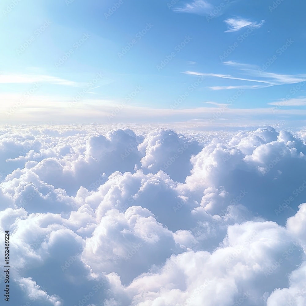 Naklejka premium High nature view large white clouds on soft sky background in the morning, View of white cloudy on the plane.