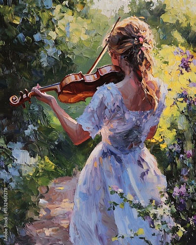 Oil painting of a violinist playing in a garden at dusk