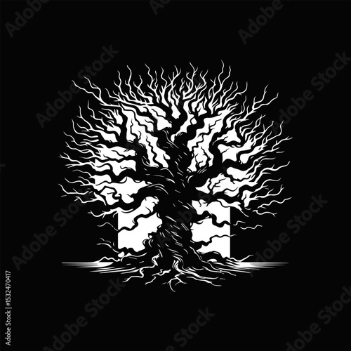 Dramatic white silhouette of a gnarled old tree with sprawling roots against a dark background. Nature concept
